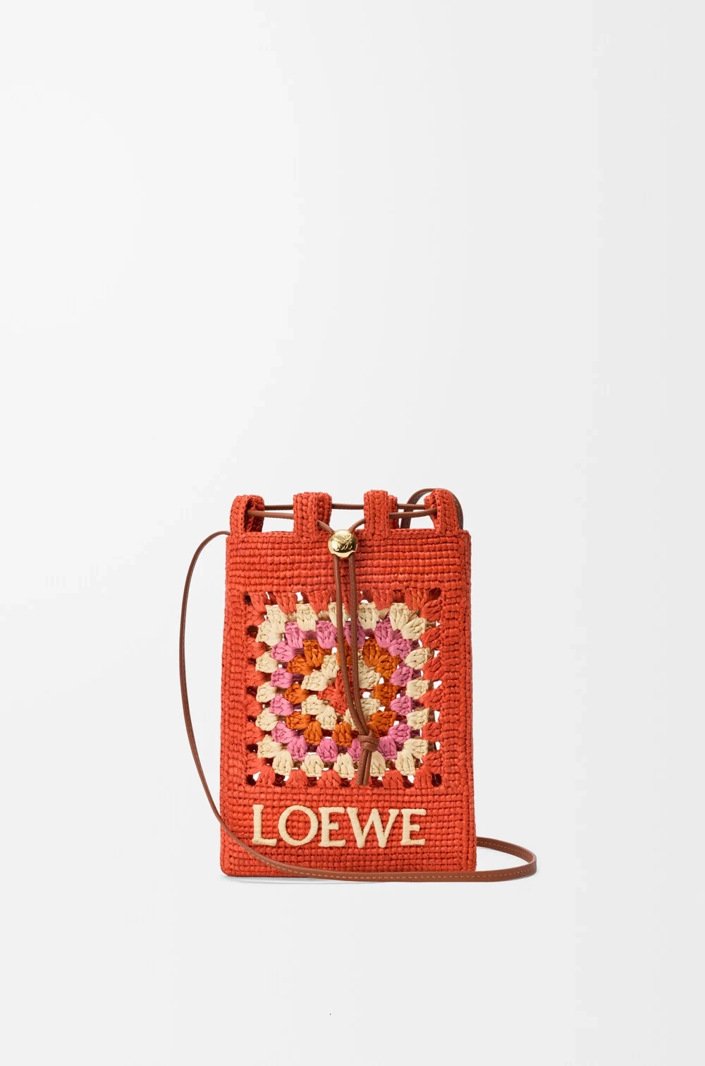 Loewe Сумка-мешок Patch Crochet на шнурке из телячьей кожи и рафии, ярко-оранжевый/розовый
