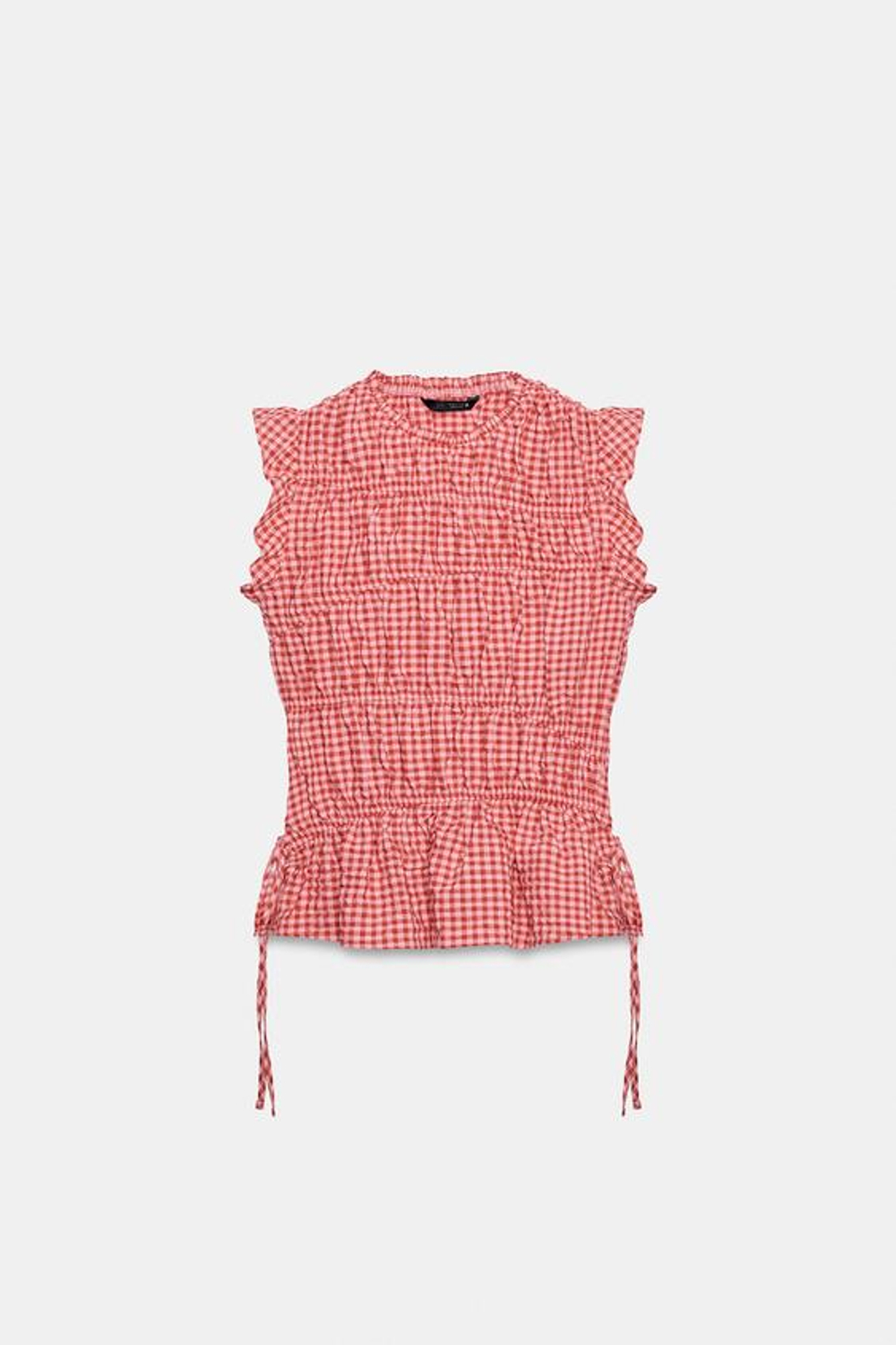 ZARA ТОП В КЛЕТКУ ВИШИ С РЮШАМИ, БЕЛЫЙ/КРАСНЫЙ