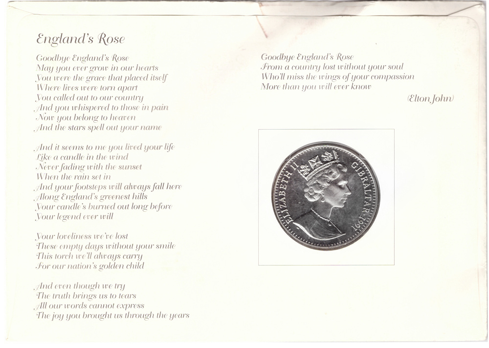 1 крона. 10 лет свадьбы принцессы Дианы. Гибралтар. 1991 г. BrUNC в конверте со спецгашением