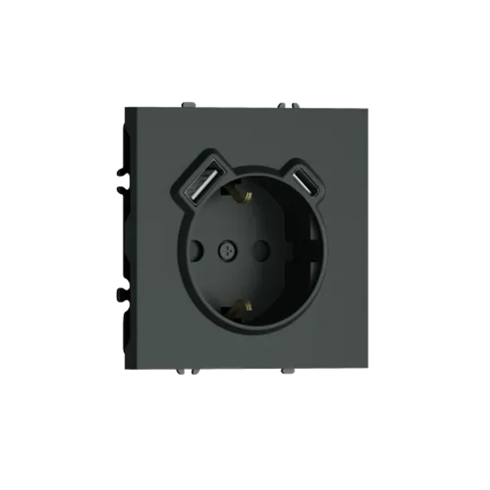 Розетка 220В с заземлением, со шторками, 16А + зарядка USB A+C 20W, на винтах, черный графит DONEL S08