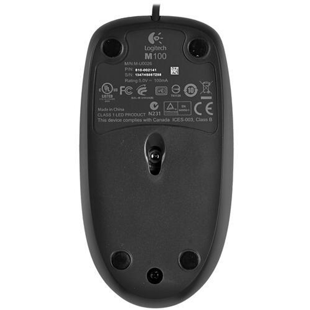 Мышь проводная Logitech M100R, 1000dpi, черный, Retail, 1.8м (910-005006)