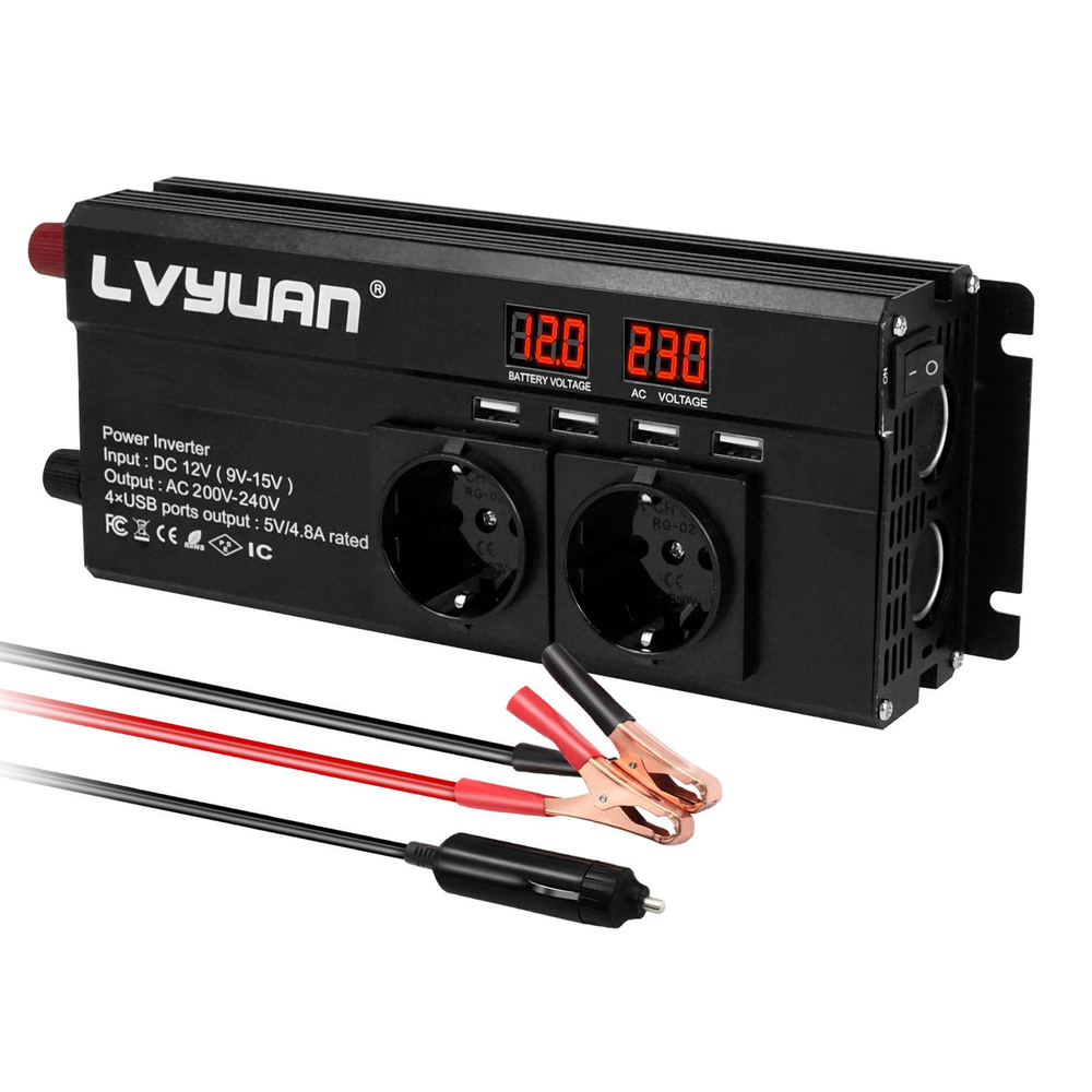 Инвертор 12V-220V 1500W б/накл Lvyuan 2 розетки под прикуриватель
