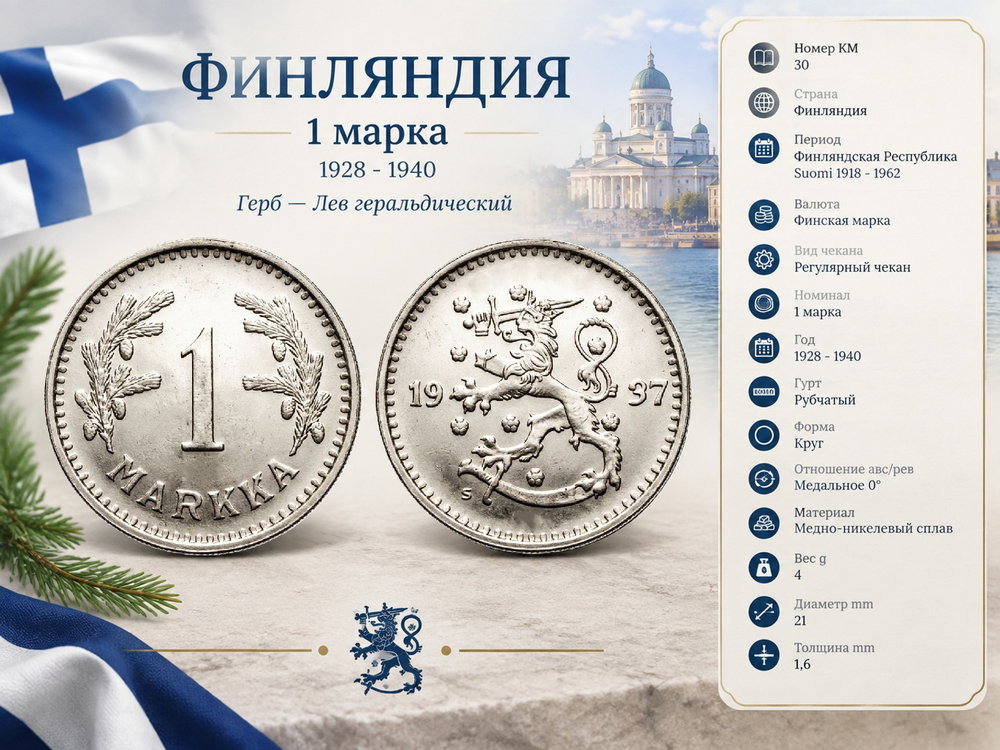 Финляндия 1 марка, 1937 Лев XF