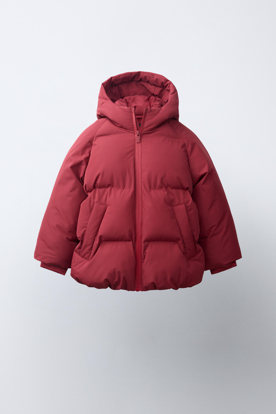 ZARA СТЕГАНОЕ ПАЛЬТО С КАПЮШОНОМ WATER REPELLENT, ТЕМНО-РОЗОВЫЙ
