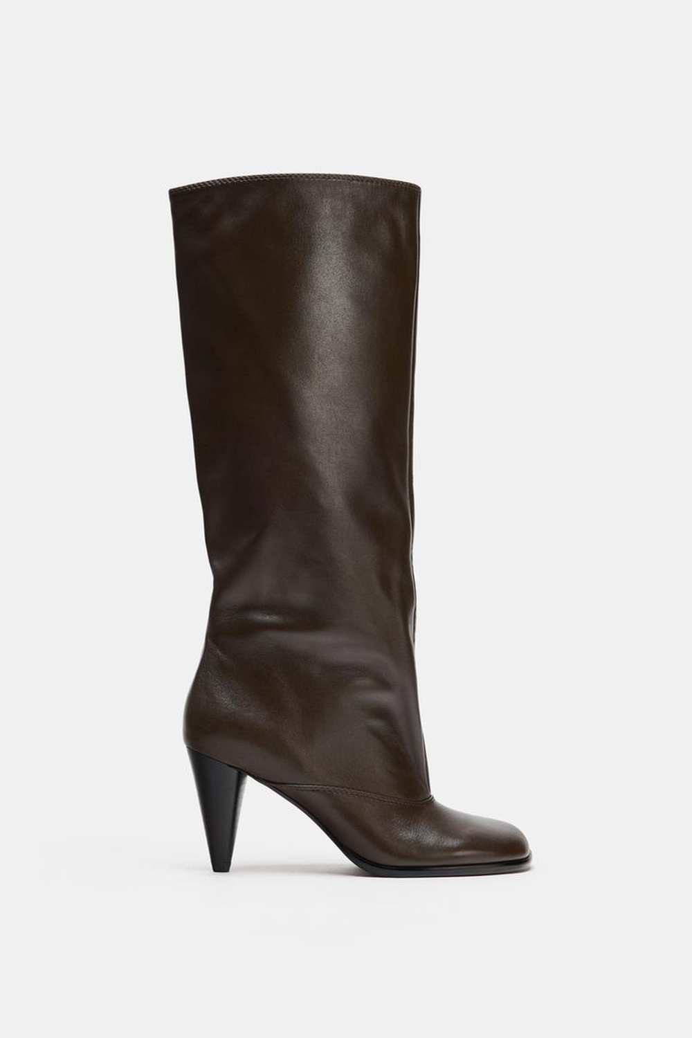 ZARA КОЖАНЫЕ САПОГИ НА КАБЛУКЕ, КОРИЧНЕВЫЙ