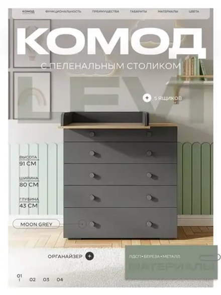Комод RANT "LEVI" 80 см 5 ящиков с органайзером (арт.128) Moon Grey