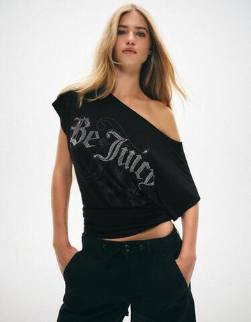 BERSHKA X JUICY COUTURE ФУТБОЛКА С КОРОТКИМИ РУКАВАМИ, ЧЕРНЫЙ