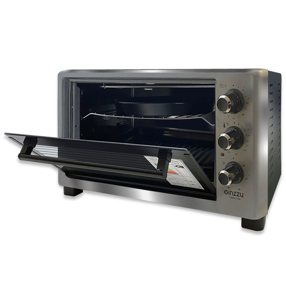 Мини-печь Ginzzu HOT-143 gray, 45л, 6 режимов, гриль, конвекция, подсветка, таймер, вертел 1800Вт