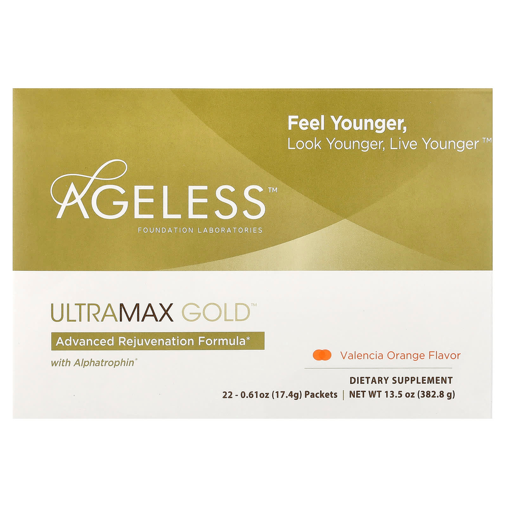 Ageless Foundation Laboratories, UltraMax Gold, улучшенная формула омоложения с альфатрофином, со вкусом валенсийского апельсина, 22 пакетика по 17,4 г каждый