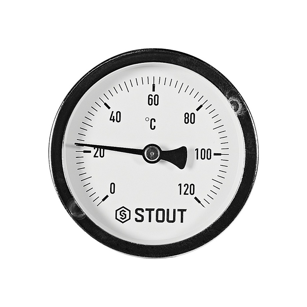 Термометр биметаллический аксиальный STOUT- 1/2" (D63 мм, шкала 0-120°C, с гильзой 75 мм)