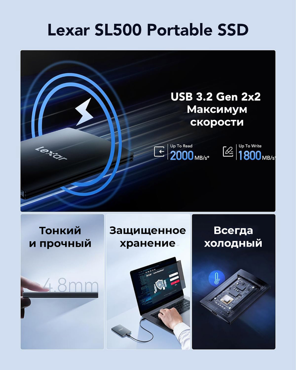 Внешний накопитель Lexar SL500 Portable SSD 2TB, USB 3.2 Gen2x2, R/W 2000/1800 МБ/с
