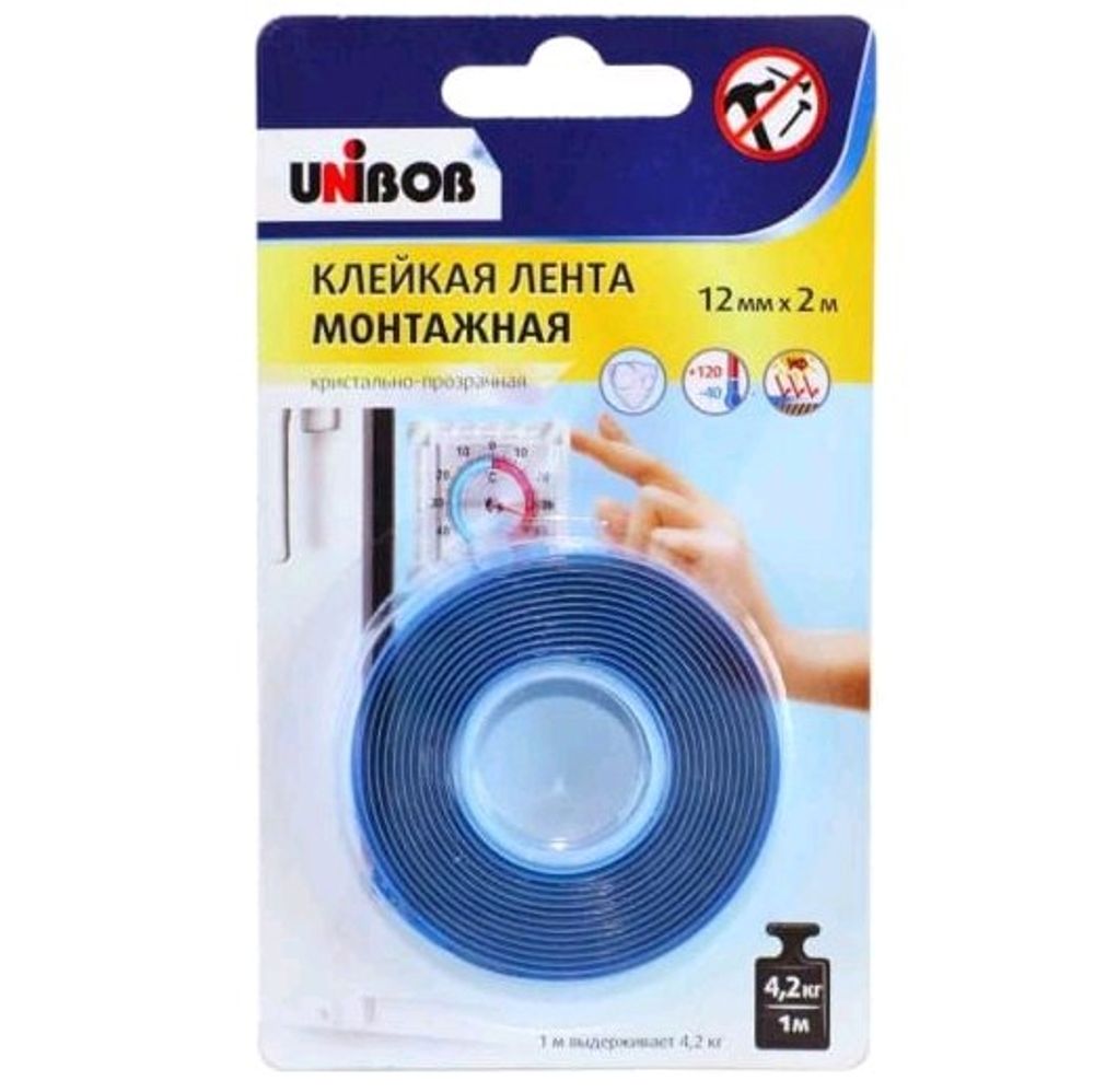 Лента клейкая 2-х сторонняя 12* 2м (пена) Кристально -Прозрачная Unibob / 75541 Лента клейкая 2-х сторонняя 12* 2м (пена) Кристально -Прозрачная Unibob / 75541