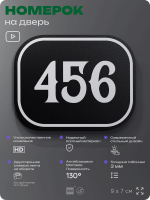 Номерок на дверь квартиры 456, для кабинета, офиса, шильдик 9 х 7 см, черный, Айдентика Технолоджи