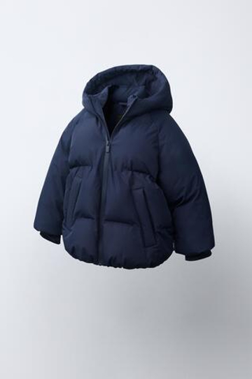 ZARA СТЕГАНОЕ ПАЛЬТО С КАПЮШОНОМ WATER REPELLENT, МОРСКОЙ СИНИЙ