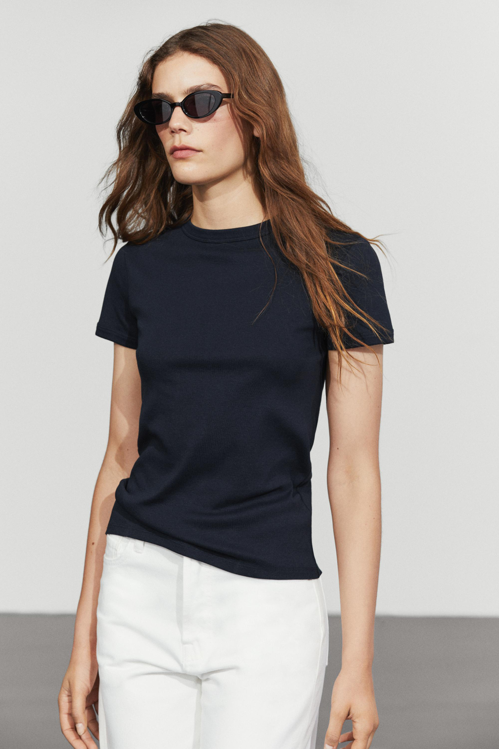 Massimo Dutti Футболка с короткими рукавами и отделкой в рубчик, темно-синий