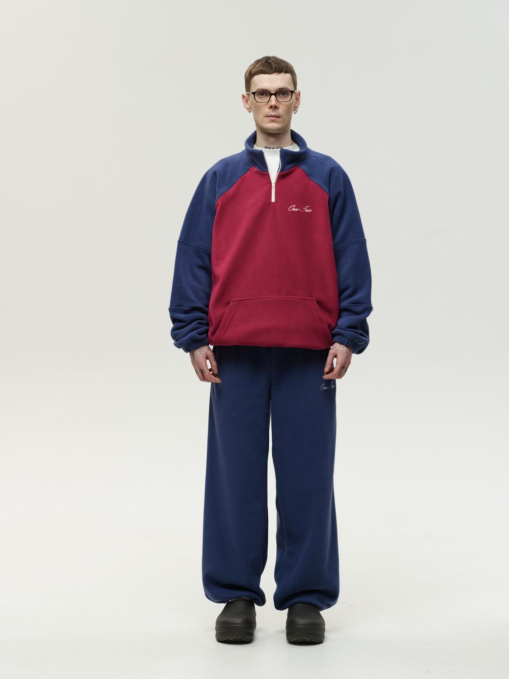 Drawstring Half-Zipped Sweatshirt Raspberry-Navy Smoke