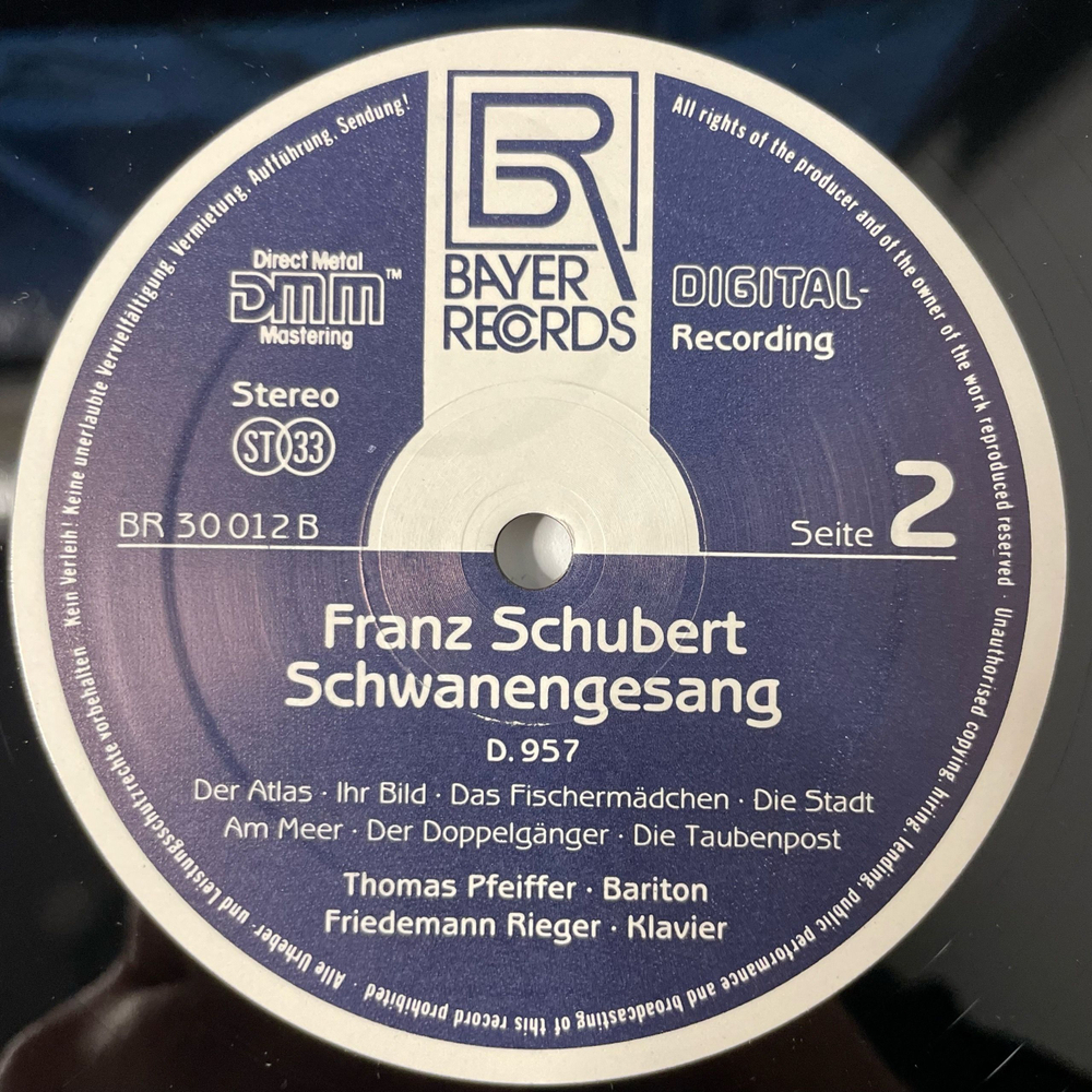 Винтажная виниловая пластинка LP Franz Schubert, Франц Шуберт, Thomas Pfeiffer, Friedemann Rieger, Schwanengesang (Германия 1988)