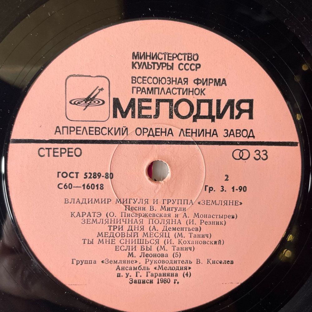 Винтажная виниловая пластинка LP Владимир Мигуля И Группа Земляне, Песни В. Мигули (СССР 1981)