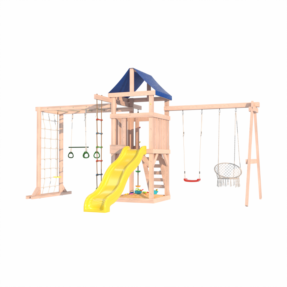 Детская площадка Fun Land неокрашенная с сеткой, рукоходом, качелями и плетенным креслом