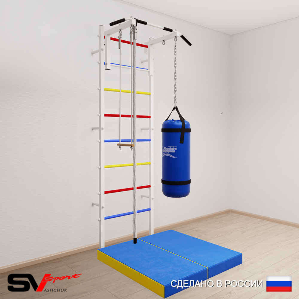 Шведская стенка Sv Sport усиленная 6156 (Турник стандарт/Канат/Трапеция/Цепь/Мешок 22кг/Мат 1м)