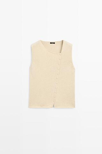 Massimo Dutti Трикотажный топ из смесовой хлопковой ткани с пуговицами, натуральный/кремовый