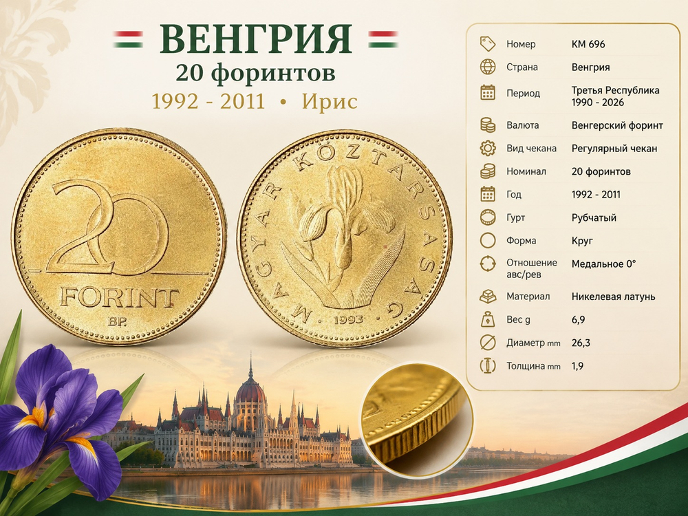 Венгрия 20 форинтов, 1993 Ирис VF