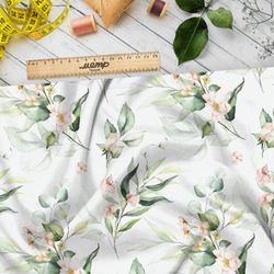 Ткань флис акварельные листья с цветами