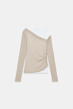 ZARA ТОП СО СБОРКАМИ И ДВОЙНЫМ ЭФФЕКТОМ, БЕЖЕВЫЙ МЕЛАНЖ