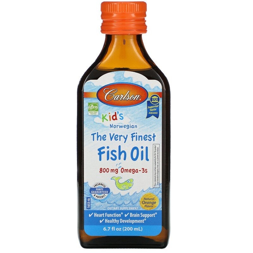 Carlson, Norwegian The Very Finest Fish Oil, 800 mg, 200 ml | Bolalar uchun baliq yogʻi, apelsin, 200 ml
