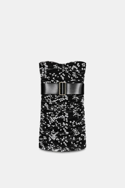 ZARA ПЛАТЬЕ В ГОРОШЕК С ПОЯСОМ, ЧЕРНЫЙ/БЕЛЫЙ