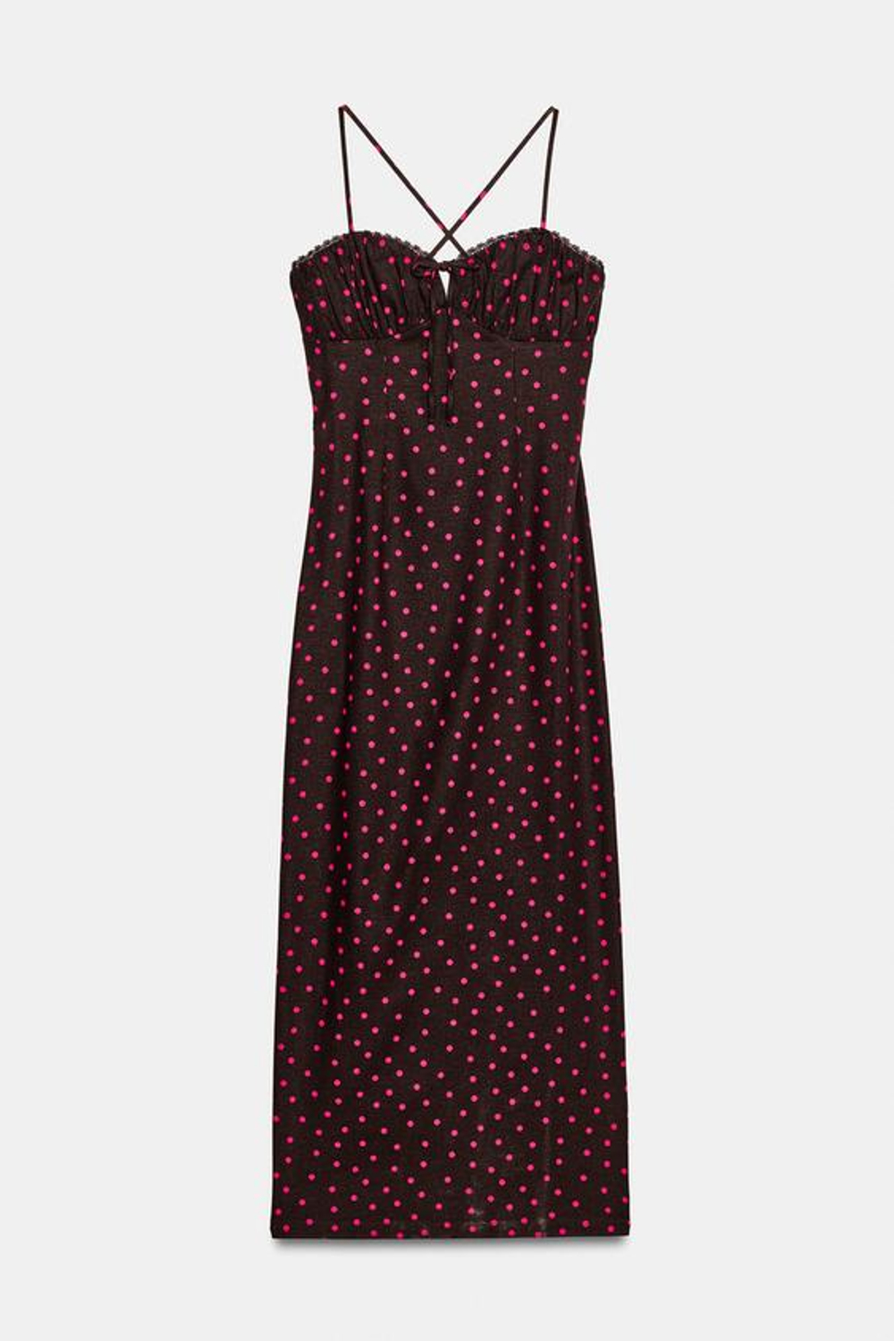 ZARA ЛЬНЯНОЕ ПЛАТЬЕ МИДИ В ГОРОШЕК, КОРИЧНЕВЫЙ