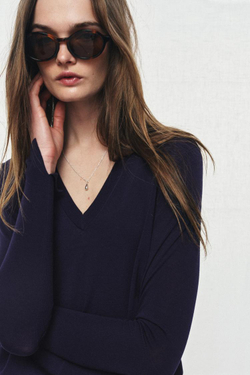 ZARA ДЖЕМПЕР ИЗ ТОНКОГО ТРИКОТАЖА С V-ОБРАЗНЫМ ВЫРЕЗОМ, ЧЕРНИЛЬНО-СИНИЙ