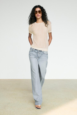 Massimo Dutti Вязаный топ с короткими рукавами и ажурной отделкой, кремовый