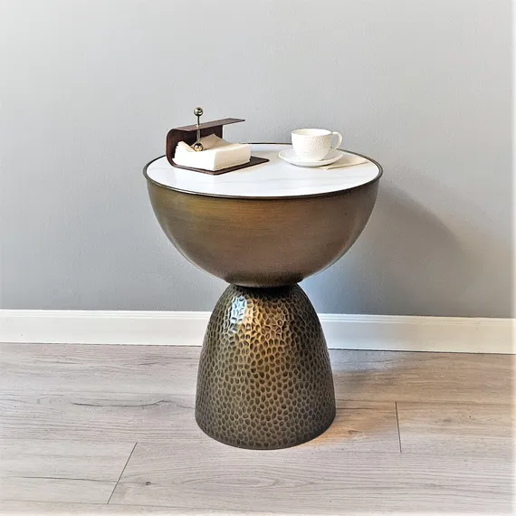 Журнальный столик Drum, Ø51х50 см, белая керамика, латунь
