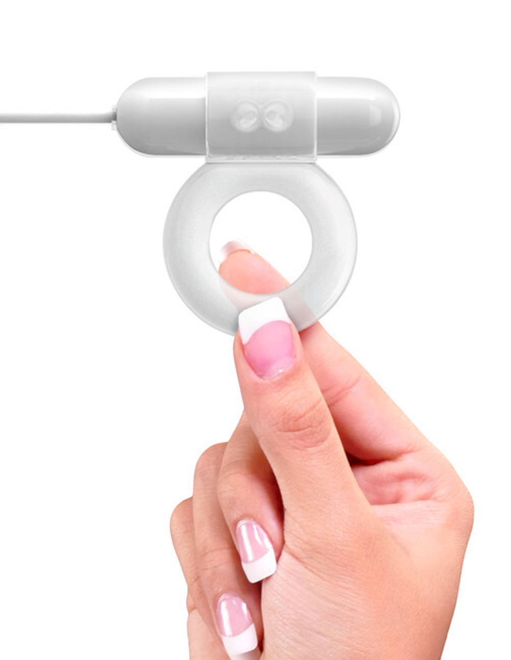 Эрекционное кольцо с клиторальным массажером с сетевым Usb адаптером Luv Ring (Цвет: прозрачный с белым)
