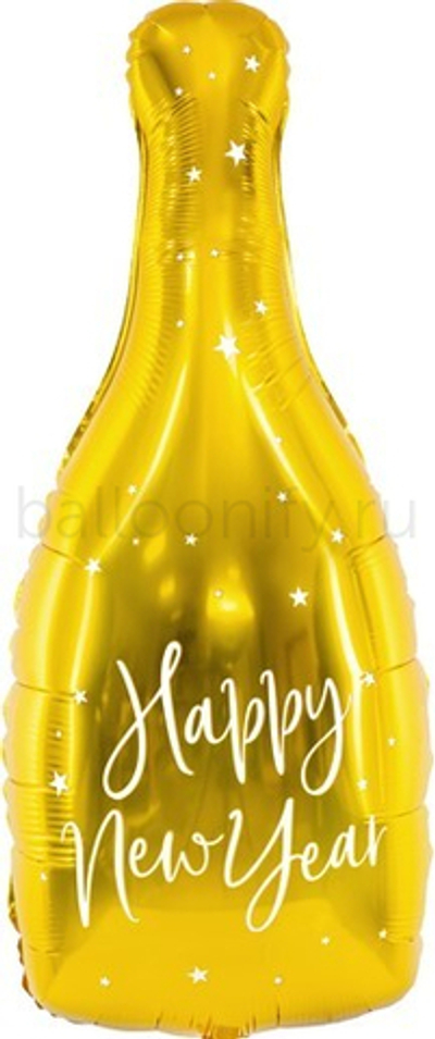 Шар (41''/104 см) Фигура, Бутылка Шампанское, Новогодние звезды, Золото, 1 шт.