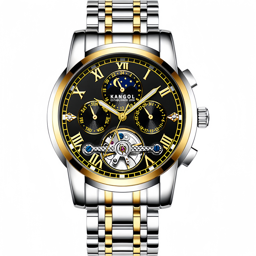 KANGOL Mechanical Movement Stainless Steel Watchband Watch Men"s Watches Skeleton Dial 30m Water Resistance