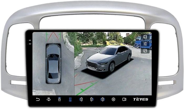 Магнитола для Hyundai Verna 2006-2010 (рамка серебро) - Teyes CC3-2K-360 на Android 10, Быстрая, 2K QLED, CarPlay, 4G SIM-слот, 4 камеры в комплекте