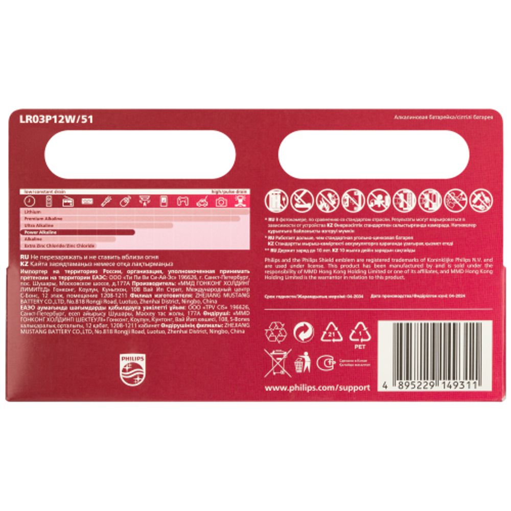 Батарейки Philips LR03P12W/51 ААА алкалиновые 1,5v 12 шт. LR03-12BL Power | Батарейки Щелочные (Алкалиновые)