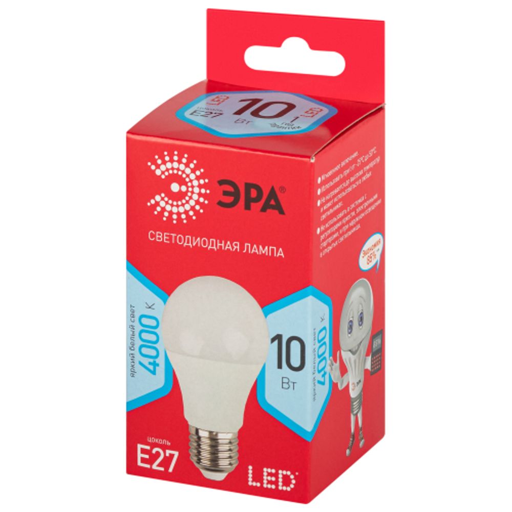 Лампа светодиодная ЭРА RED LINE LED A60-10W-840-E27 R 10Вт груша нейтральный белый свет Е27 | Лампы cветодиодные Груша (A)