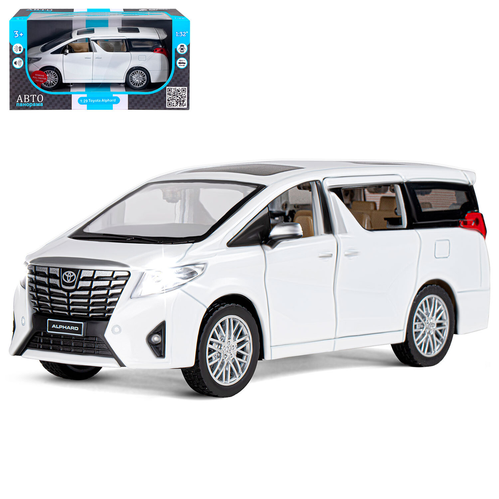 Модель 1:29 Toyota Alphard, белый, откр. передние и боковые, багажник, свет, звук