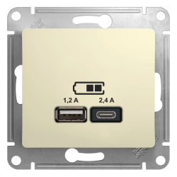 GLOSSA USB РОЗЕТКА А+С, 5В/2,4А, 2х5В/1,2А, механизм, БЕЖЕВЫЙ
