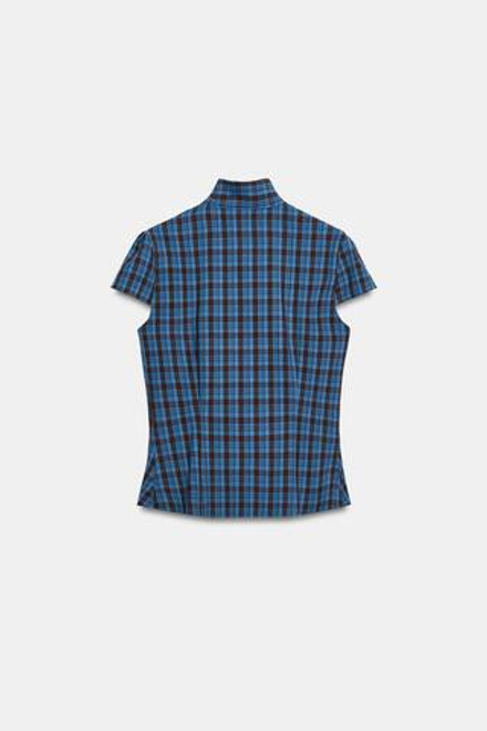 ZARA ТОП В КЛЕТКУ С ВЫСОКИМ ВОРОТНИКОМ, СИНИЙ