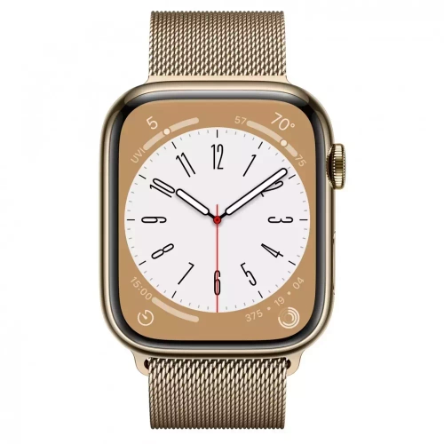 Apple Watch Series 8, 45мм, из стали золотого цвета, миланский сетчатый браслет