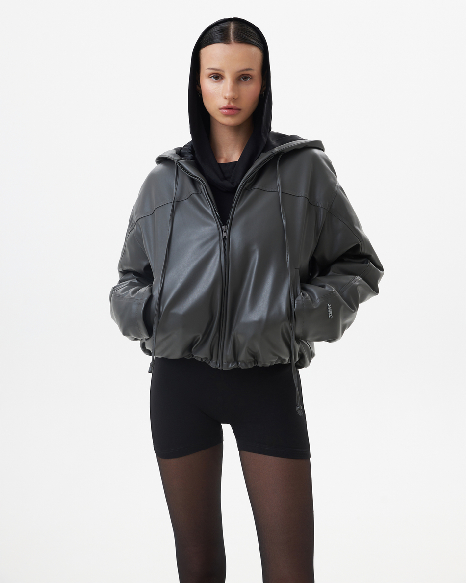 HOODED V-LEATHER JACKET