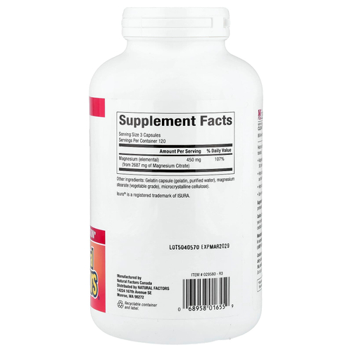 Natural Factors, цитрат магния, 360 капсул (150 мг в 1 капсуле)