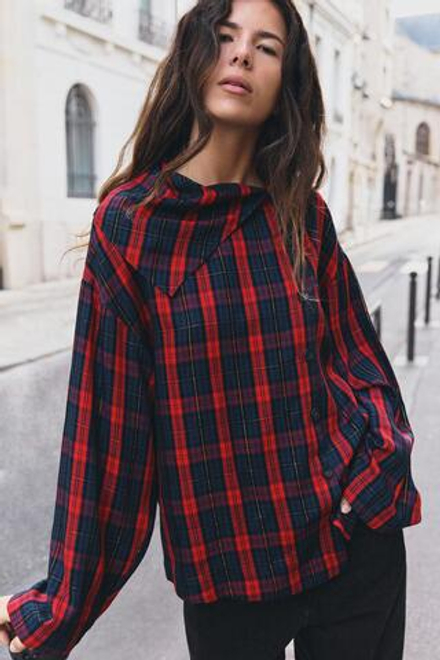 ZARA РУБАШКА В КЛЕТКУ С БЛЕСТЯЩЕЙ НИТЬЮ, КРАСНЫЙ/ТЕМНО-СИНИЙ