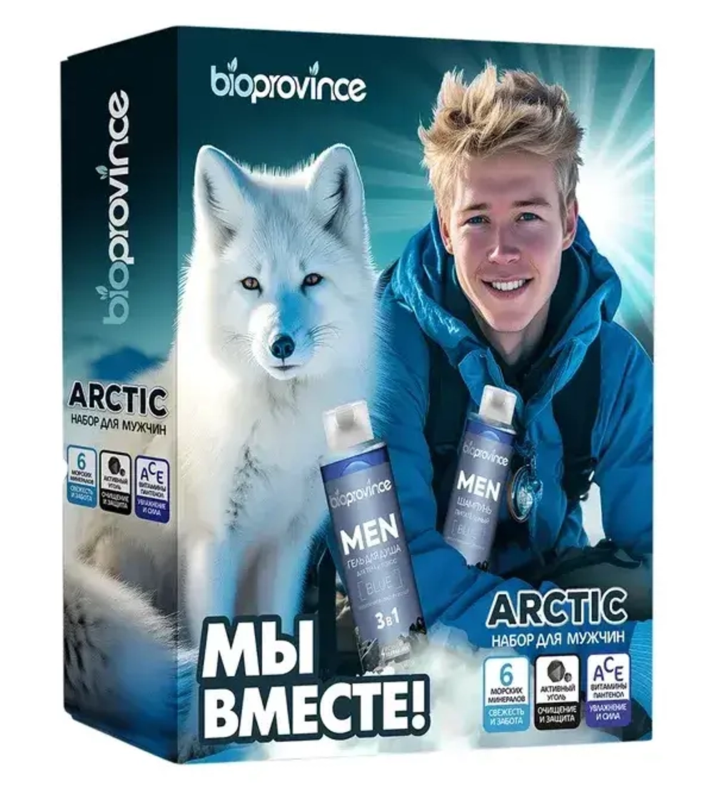 Набор для мужчин BIOPROVINCE ARCTIC: Гель для душа BLUE Уголь морские минералы, 250 мл + Шампунь для волос питание Уголь морские минералы, 250 мл, блок 6шт.