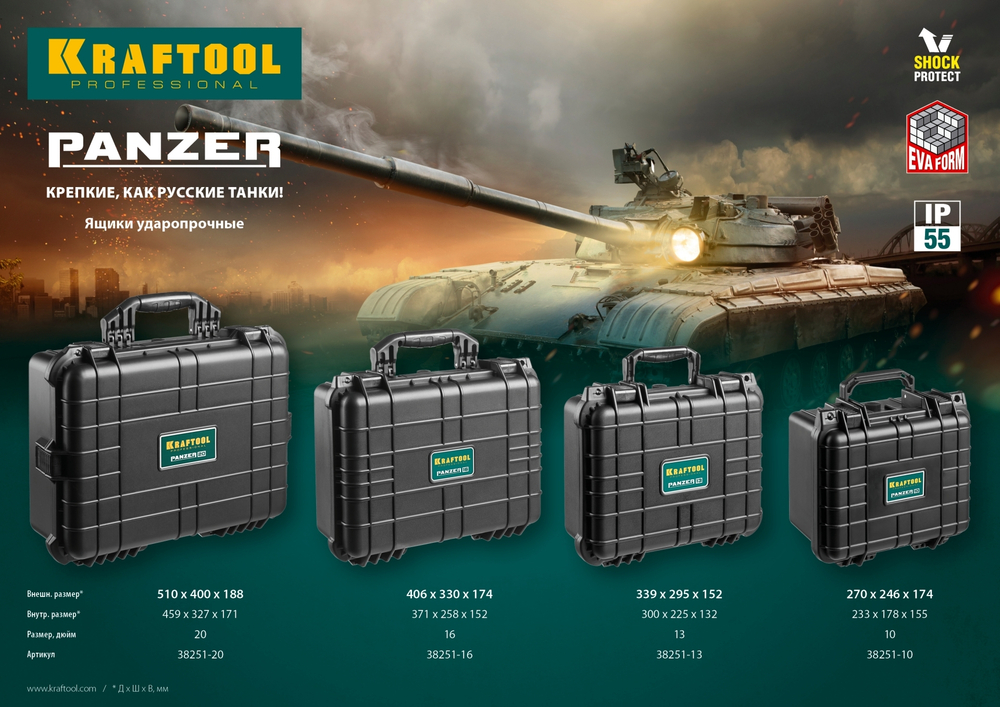 KRAFTOOL PANZER-20, 510 х 400 х 190 мм, (20″), IP55, ударопрочный пластиковый ящик (38251-20)