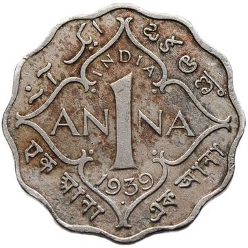 1 анна 1939 Индия (Британская) знак монетного двора: "•" - Бомбей